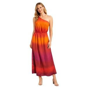 Bar III Maxi Dress Ombre One Shoulder Manderine Orange Red XS Slits Resort Vacay